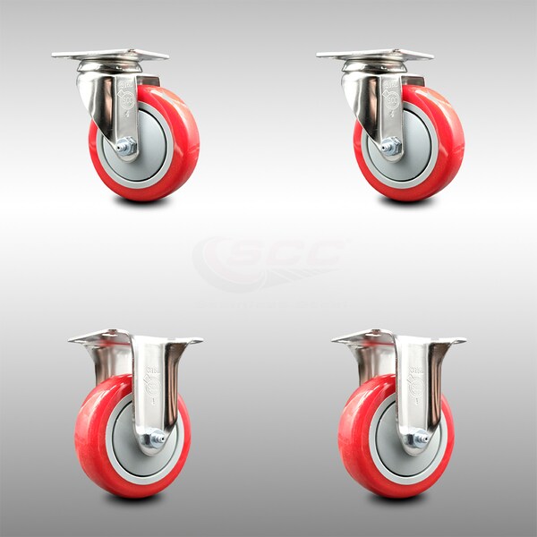 Service Caster 4 Inch 316SS Red Polyurethane Wheel Swivel Top Plate Caster Rigid SCC, 2PK SCC-SS31620S414-PPUB-RED-2-R-2 - main